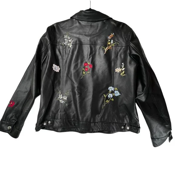 Christopher & Banks Black Faux Leather Jacket Floral Embroidery Snap Zip Large - Picture 2 of 16